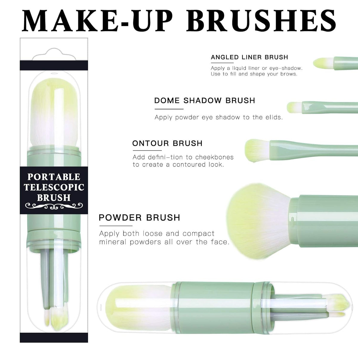Mini Makeup Brush Travel Set - Green 4 in 1