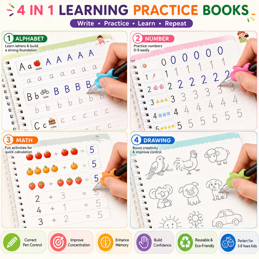 Sank Magic Practice Copybook (4 Books,1 Pen,1 Grip,10 Refill)